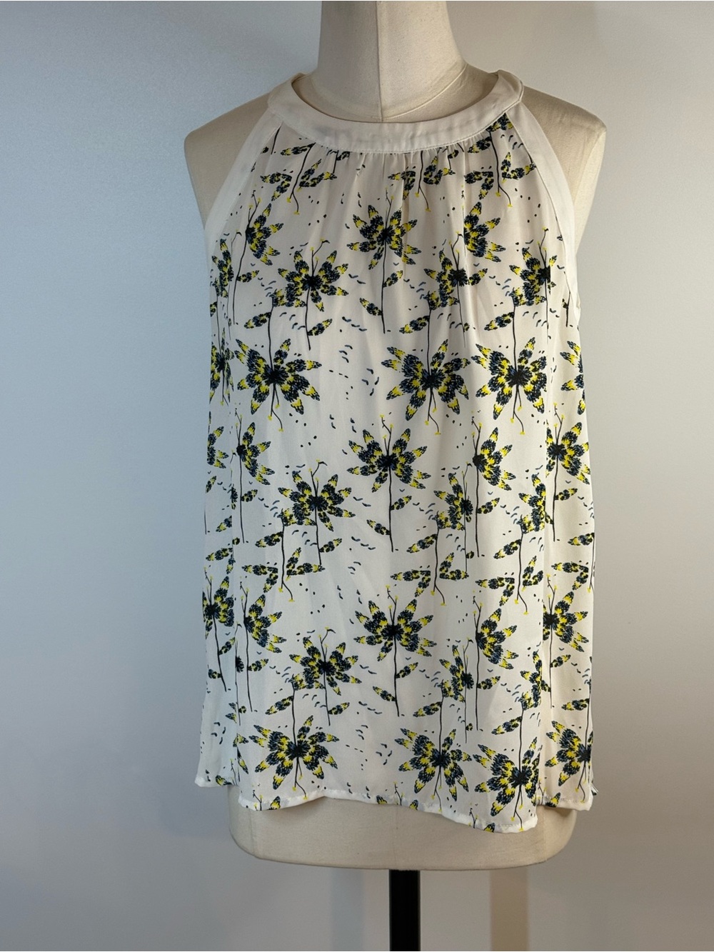 Collective Concepts White Halter Tank with Yellow and Navy Floral Accents